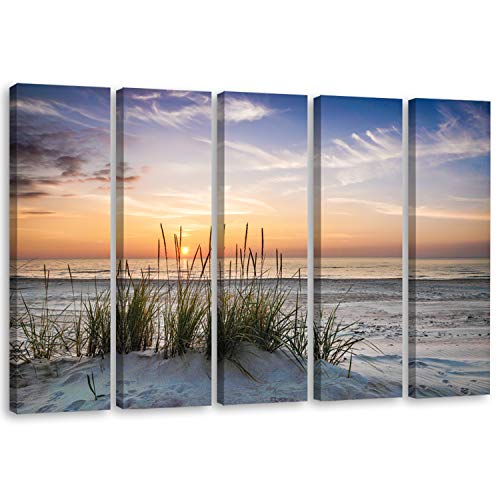 Feeby. Leinwandbild - 5 Teile - Bilder, Wand Bild, Wandbilder, Kunstdruck XXL, 5-Teilig, Typ C, 150x100 cm, Landschaft, Grass, Strand, Wasser, Meer, Sand, Himmel