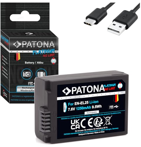 PATONA Platinum EN-EL25 USB Akku 1250mAh mit direktem USB-C Eingang (1398) Kompatibel mit Nikon Z30 Z50 Z-fc