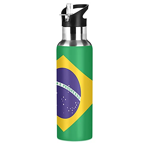 Wasserflasche mit Brasilien-Flagge, mit Strohhalm, vakuumisoliert, Edelstahl, Thermo-Trinkflasche für Erwachsene, Damen, Herren, Kinder, Mädchen, Jungen, Schule, Laufen, 600 ml