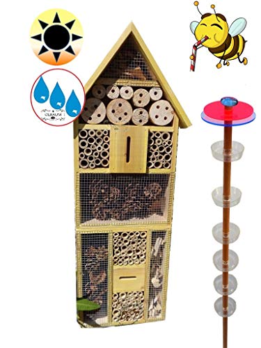 XXL Bienenhaus Bienenhotel + Gartendeko-Stecker Nistkasten als funktionale Bienentränke + 1x Lotus BIENENHAUS Insektenhaus,XXL Bienenstock & Bienenfutterstation für Wildbienen, Hummel