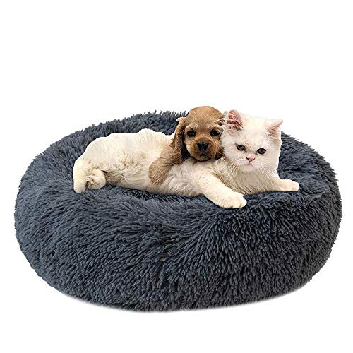 Weich Warm Hundebett Langes Plüsch Haustierbett für kleine und mittelgroße Hund Katze,Donut Form Rund Bett Waschbar Hundesofa Katzensofa-Dunkelgrau-80x80cm