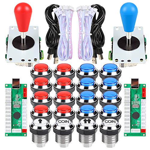 Fosiya 2 Spieler Arcade DIY Kit Arcade Ellipse Oval Style 8 Wege Fledermaus Joystick + LED Chrome Arcade Tasten für Videospiele Mame PC Windows Raspberry Pi 3 4 (Red Blue)