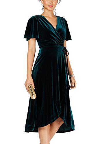R.Vivimos Damen Samt weiches V-Ausschnitt Midi-Kleid Cocktailkleid Partykleid Taille Seil Stil (Mittel, Dunkelgrün/W)