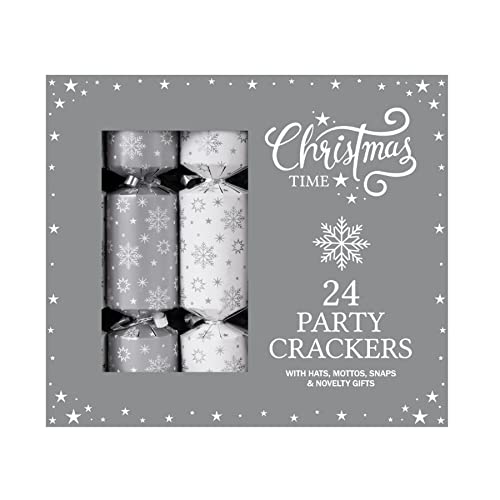 Widdle Gifts Ltd 24 Packung Weihnachten Party Knacker 23cm - Weiß/Silber Schneeflocken 5017