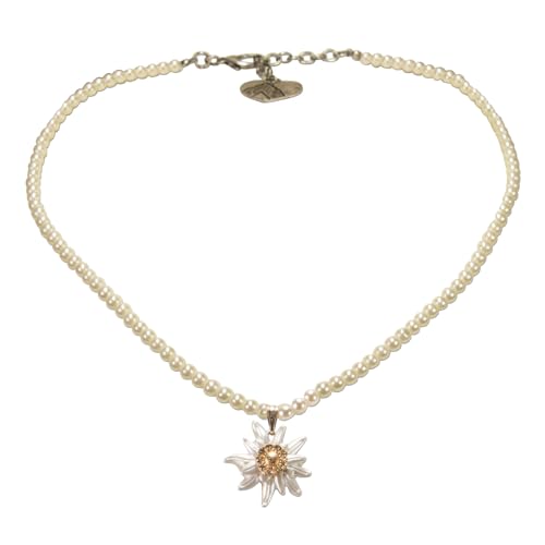 Alpenflüstern Perlen-Trachtenkette Greta mit Strass-Edelweiß klein - Damen-Trachtenschmuck Dirndlkette Creme-weiß DHK271