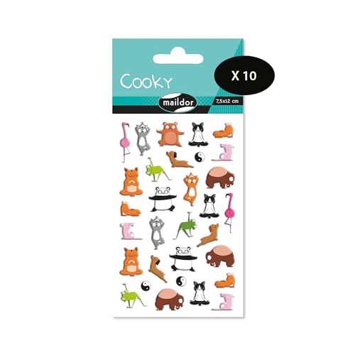 Maildor CY144Cpack – eine Packung mit 3D-Aufklebern Cooky, 1 Bogen 7,5 x 12 cm, Tiere Yoga (25 Aufkleber), 10 Stück