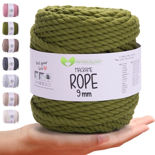 MeriWoolArt® Premium Makramee Garn 9 mm x 55m (Salbei), Baumwollgarn Kordel, Dicke Makramee Seil für Wandbehang, Blumenampel, Vorhang und Mehr DIY Handwerk