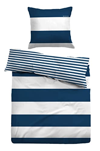 TOM TAILOR 0049769 Bettwäsche Garnitur mit Kopfkissenbezug Baumwoll Linon - Casual Stripe 1x 135x200 cm + 1x 80x80 cm, Indigo Blue