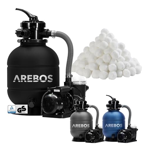 AREBOS Sandfilteranlage mit Pumpe | 400W | 10200 L/h | Tankvolumen bis zu 20 kg Sand | 4 - Wege Ventil mit Griff | mit Druckmanometer | Schwarz