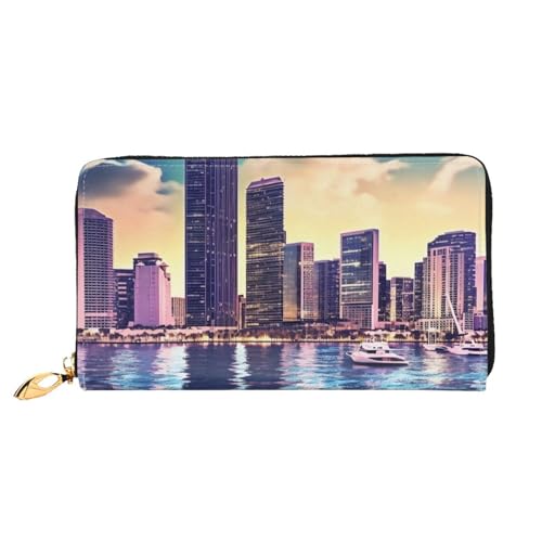 YoupO City Life Ocean Skyline Geldbörse für Damen Leder Geldbörse mit Reißverschluss Münztaschen Mode Handtasche Tasche, Schwarz , Einheitsgröße