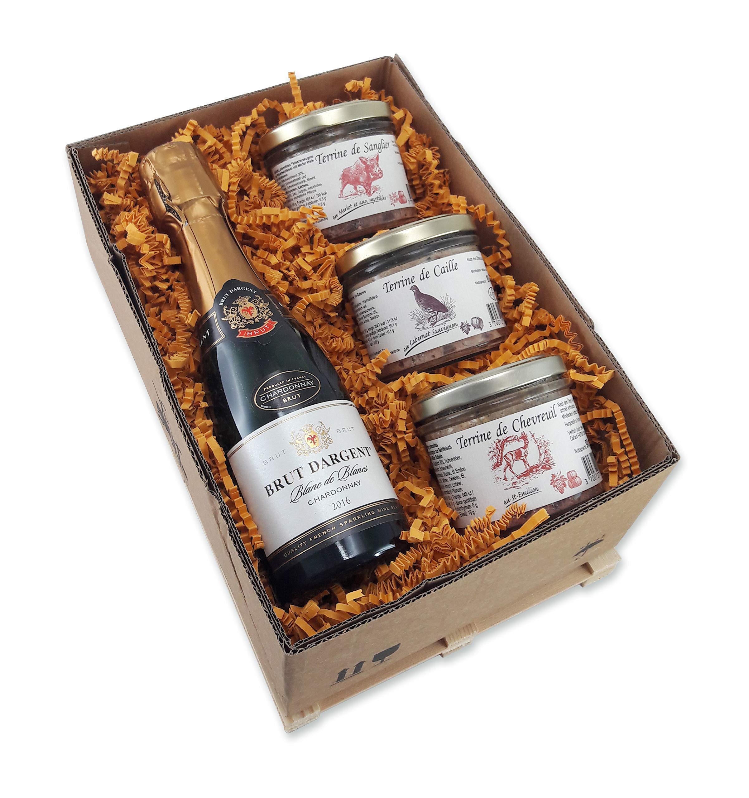 Bull & Bear Geschenkbox Mini Palette 'Hors-d'oeuvres' mit 0,2l Sekt Brut d'Argent und 3 Terrinen Reh, Wildschwein und Wachtel, Geschenkset Frankreich