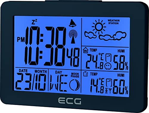 ECG MS 200 Wetterstation mit Funksensor bis 30 Meter Entfernung, Thermometer, Hygrometer, Wettervorhersage für die nächsten 24 Stunden in 4 Modi, Uhrzeit, Wecker, grau
