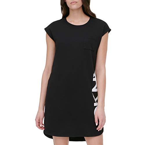 DKNY Women's Cap Sleeve Logo T-Shirt Casual Dress, BLK-Black, S
