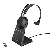 Jabra Evolve2 65 Wireless PC Headset with Charging Stand – Noise Cancelling UC Certified Mono Headphones With Long-Lasting Battery – USB-A Bluetooth Adapter – Black