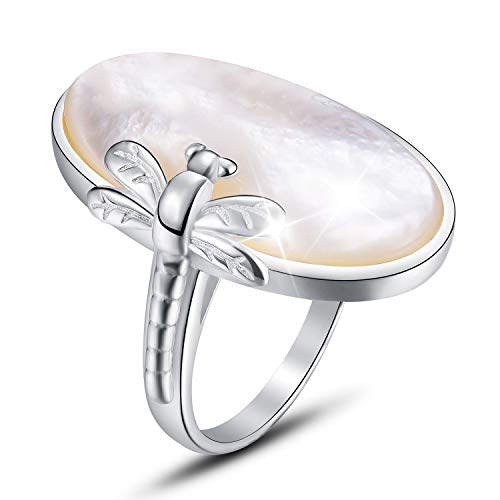 JIANGYUYAN Damen Ring Natürliche Schale Ring mit Libelle Tier Offener Ring S925 Sterling Silber Handgemachte Ringe Weihnachten Geschenk für Frauen und Mädchen.