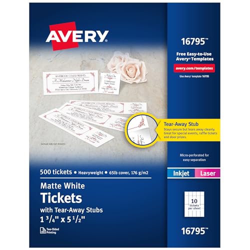 Avery 16795 Tickets mit abreißbaren Noppen, 3,5 x 13,7 cm, matt, Weiß, 500 Stück