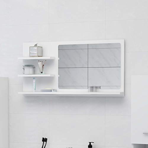 junzai Badspiegel, Wandspiegel, Badezimmerspiegel, Badezimmer Spiegel, Bathroommirror, Weiß 90x10,5x45 cm Spanplatte