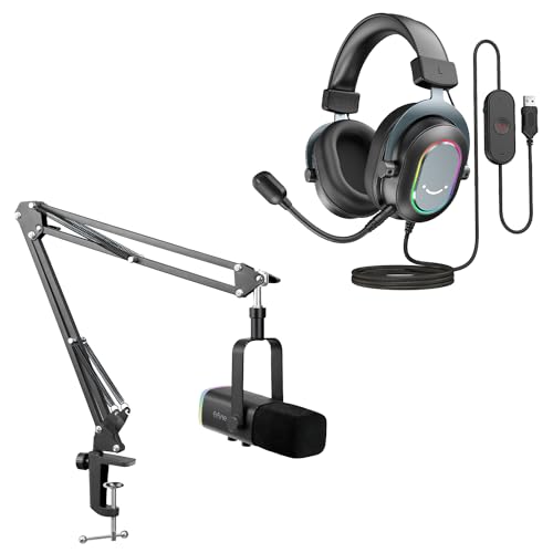 FIFINE USB XLR Streaming Mikrofon mit Arm und Gaming Headset, USB Dynamisch Microphone und Over Ear Kopfhörer mit Kabel, für Mixer Soundkarten Podcast Streaming Studio MacOS Windows PS4 PS5 (AM8T+H6)
