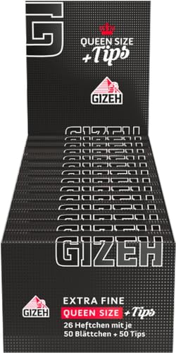 GIZEH Black Queen Size Papers + Tips, 50 dünne 1 ¼ Blättchen und perforierte Tips pro Heftchen 2 Boxen (52 Heftchen)