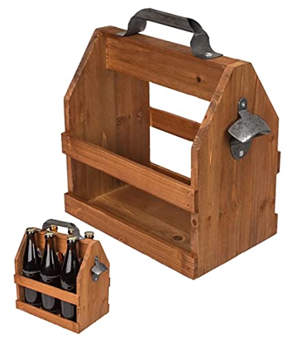 CBK-MS Party Holz Bierträger für 6 Flaschen a 0,5 l Sixpack mit Metall Flaschenöffner Vintage Getränkekorb