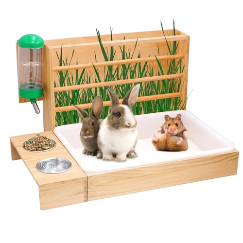 Kaninchen-Heu-Futterstation mit Katzentoilette, Wasserflasche und Schalen-Set, 4-in-1 Holz-Heuraufen-Futterstation für Kaninchen, Meerschweinchen, Hamster, kleine Haustiere, Rennmäuse, Ratten, Mäuse