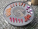 BlackOrange Grillplatte aus Stahl Ø 78 cm mit Feuerloch/Grillrost Ø 36 cm und 4 stabil verschweißte Haltegriffe/Absicherungsklappen für Feuerschalen mit Ø 80 cm