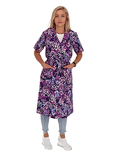 Knopfkittel Baumwolle mit Arm bunt Kochschürze Hauskleid Kittel Schürze Gürtel, Farbe:lila, Größe:58