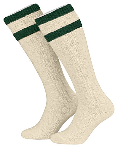 Piarini 49 50 1 Paar Herren Trachtenstrümpfe - Trachtensocken mit Zopfmuster - Trachtenstutzen mit Umschlag aus Wolle lang Creme Tanne