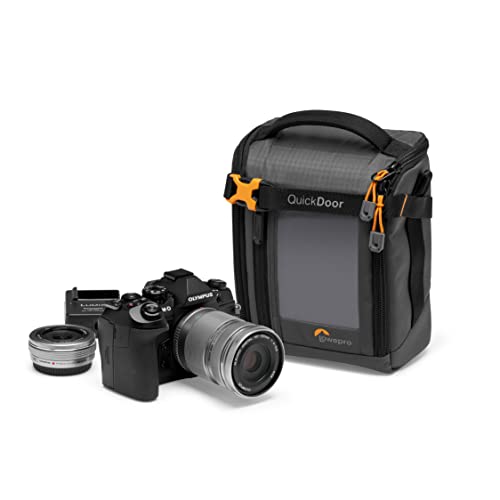 Lowepro GearUp Creator Box Medium II, Spiegellose und DSLR-Kameratasche, Kameratasche mit QuickDoor-Zugang, Hergestellt aus Recyclingmaterial, Orange Gepolsterte Innenfächer, Grau