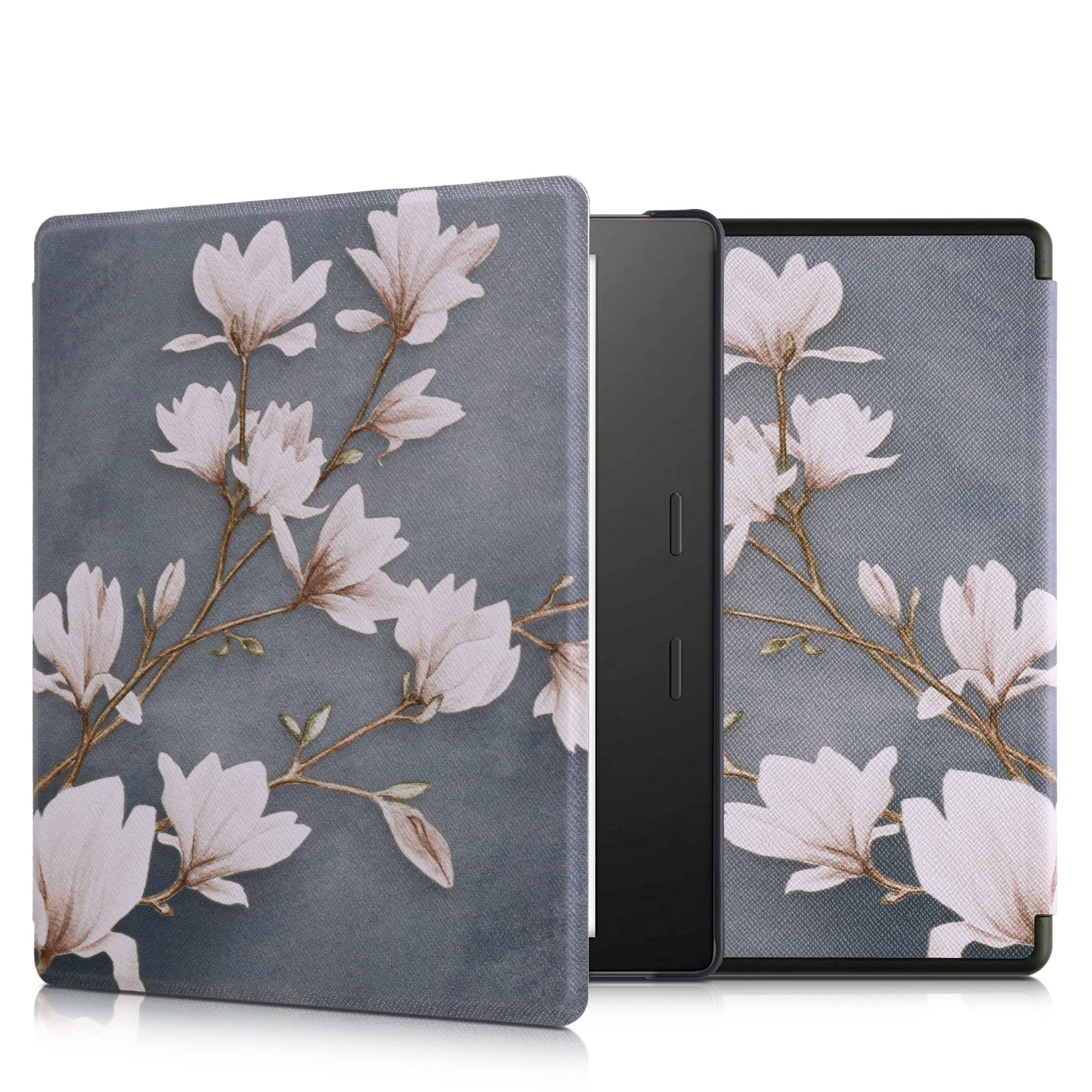 kwmobile Klapphülle kompatibel mit Amazon Kindle Oasis 10. Generation Hülle - eReader Case - weiße Blumen Weiß Schwarz