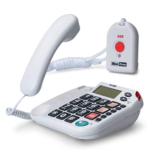 Maxcom KXT481SOS: Seniorentelefon mit Funk Notruf Sender und großen Tasten extra laut; schnurgebundenes Festnetztelefon mit Notrufknopf und Adapterstecker Hausnotruf für Senioren hörgerätekompatibel