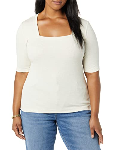 Amazon Aware Damen Geripptes T-Shirt aus Modal mit ellenbogenlangen Ärmeln und quadratischem Ausschnitt (in Übergröße erhältlich), Haferbeige Meliert, 5XL Große Größen