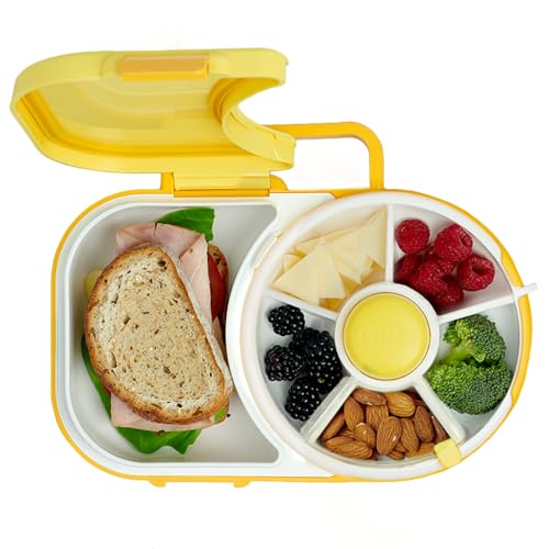 GoBe Kinder-Lunchbox mit abnehmbarem Snack-Spinner, Set mit Handschlaufe und Aufkleberbogen, wiederverwendbarer Lunchbehälter im Bento-Stil, 5 kleine und 1 großes Sandwichfach, BPA- und PVC-frei,