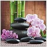 ARTland Glasbilder Wandbild Glas Bild einteilig 30x30 cm Quadratisch Natur Asien Wellness Zen Steine Blumen Blüten Orchideen Bambus Pink T5OO