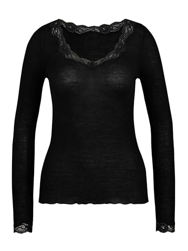 CALIDA Damen Unterhemd Richesse Lace, schwarz, Shirt aus Schurwolle und Seide, langarm mit floraler Spitze, Größe: 48/50