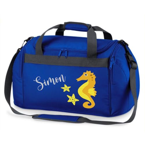 minimutz Sporttasche Schwimmen für Kinder - Personalisierbar mit Name - Schwimmtasche Seepferdchen Duffle Bag für Mädchen und Jungen (Royalblau)