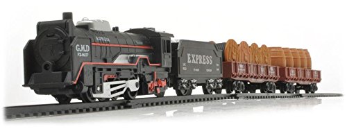Elektrische realistische Eisenbahn Rail King Kalifornia Express - Dampflokomotive + 3 Waggons + Lange Eisenbahnstrecke + Zubehör - Dampflok Lok Zug Batteriebetrieb