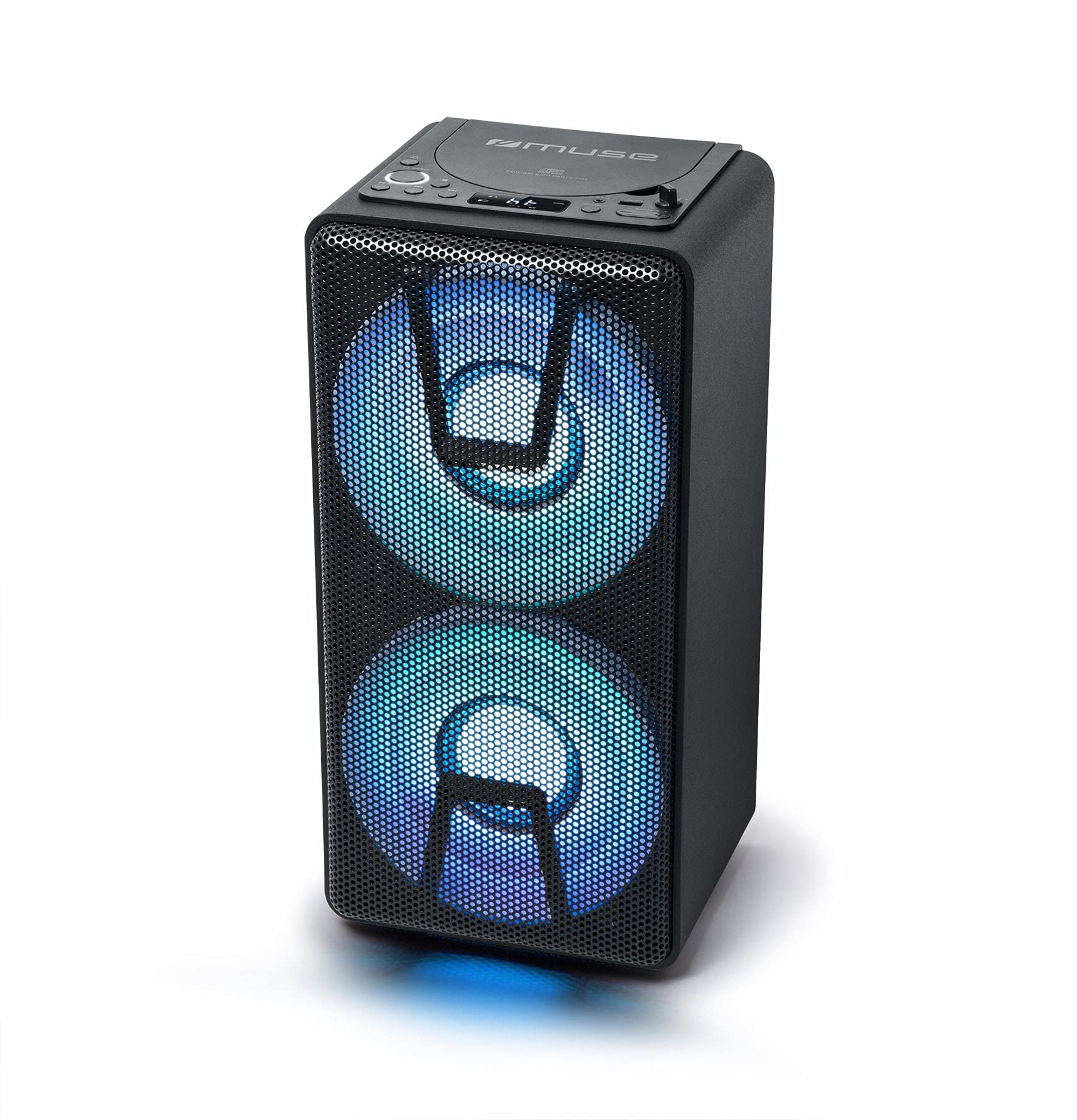 Muse DJ-Party-Box, tragbarer Bluetooth-Lautsprecher mit CD-Player, Stereo-Pairing, Farbwechsel-Lichtern und eingebauter Batterie, 150 Watt, schwarz (M-1820 DJ)