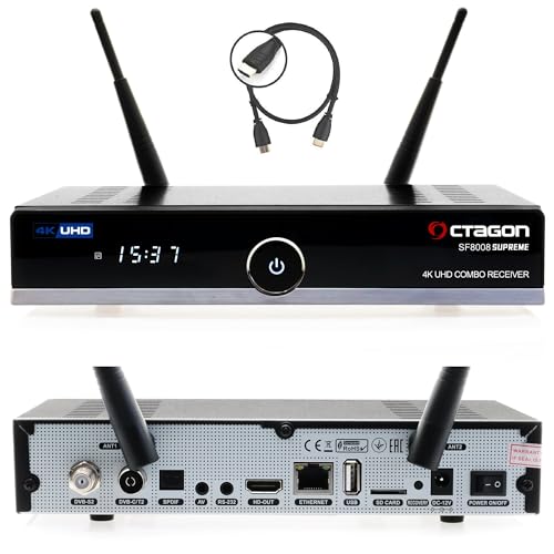 OCTAGON SF8008 UHD 4K Supreme Combo + 1TB Festplatte INTERN, Sat- Kabel- & DVB-T2 Receiver, E2 Linux & Define OS, mit Aufnahmefunktion, M.2 M Key, Gigabit LAN, Kartenleser, Sat to IP, WiFi