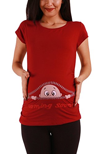 Coming Soon - Lustige witzige süße Umstandsmode/Umstandsshirt mit Motiv für die Schwangerschaft/T-Shirt Schwangerschaftsshirt, Kurzarm (Weinrot, Large)