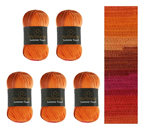 Wollbiene Summer Touch Batik 5 x 100 Gramm Wolle Mehrfarbig mit Farbverlauf, 500 Gramm merzerisierte Strickwolle Microfiber-Acryl (510 orange pink)