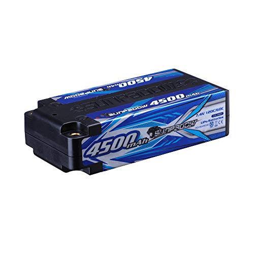 SUNPADOW 2S 7.4V RC Shorty Lipo Battery 120C 4500mAh Hard Case with 4mm Bullet Connector for RC 1/10 Buggy Vehicles Car Truck Tank Boat Truck Racing Hobby