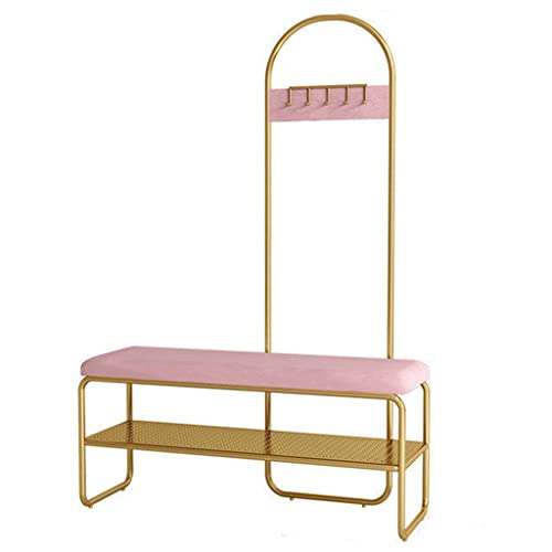 LHHL Garderobenständer Kleiderständer Mit Sitzbank Garderobe Mit Haken Schuhregal Für Kleine Wohnungen Flur Robustes Metallgestell Leicht Zusammenzubauen (Color : Gold+pink, Size : 120x32x175cm)