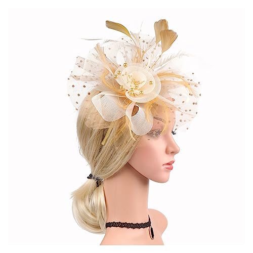 Vintage Damen Feder-Blumen-Fascinator-Hut, Damen-Haarschmuck, Hochzeit, Party, florales Mesh-Schleier-Stirnband, Haarnadel (Color : Gold and ivory, Size : 1)