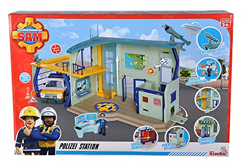 Simba 109251097 - Feuerwehrmann Sam Polizeistation, Spielfigur Rose, Garage für Polizeiauto, Sound und Licht, Gefängniszelle, Alarmfunktion, Hubschrauberlandeplatz, Aufzug, viel Zubehör, ab 3 Jahren