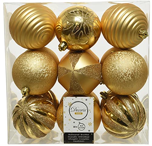 dekorativer bruchfester Kugelmix als 18er Set Weihnachtskugeln Baumkugeln bruchfest für innen und außen (Gold)