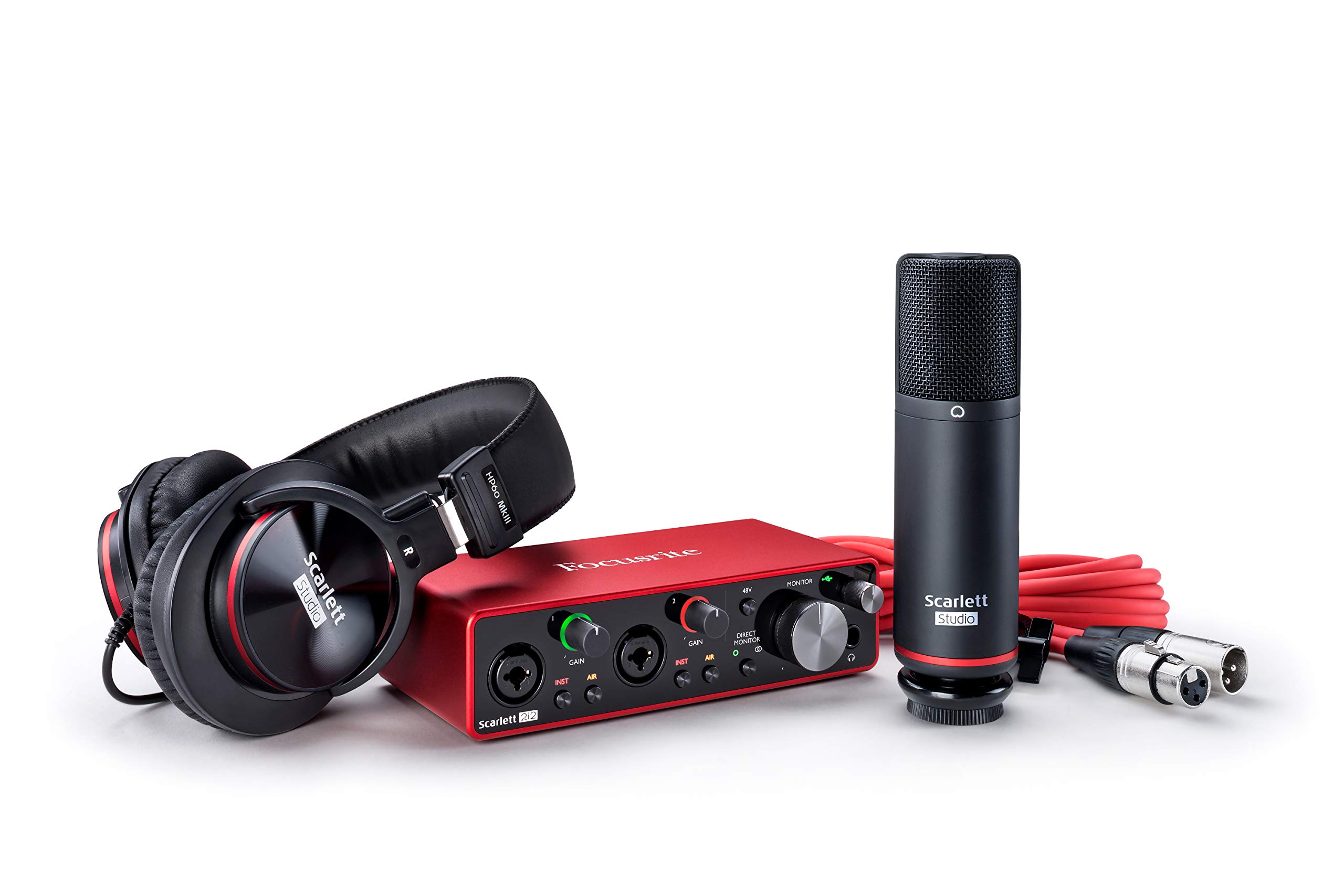 Focusrite Scarlett 2i2 Studio 3. Gen USB Audio-Interface-Bundle für Komponisten mit Kondensatormikrofon, Kopfhörern für Aufnahmen, Streaming & Podcasting, Rot