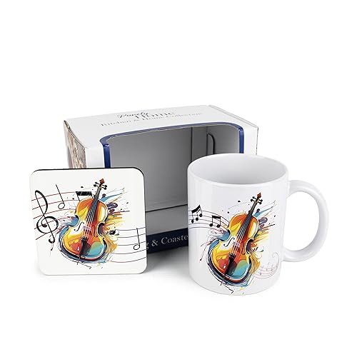 Purely Home Geschenk-Set aus Tasse und Untersetzer mit Musik, mehrfarbig, Cello-Keramiktasse und Kork-Untersetzer, Tee-/Kaffee-Geschenk für Musikliebhaber