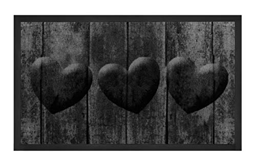 Hanse Home Printy Fußmatte für Innen und Außen 45x75cm - Schmutzfangmatte Türmatte Hearts mit Herzen-Motiv Waschbar & Wetterfest, rutschfest für Eingangsbereich & Außenbereich – Grau Anthrazit