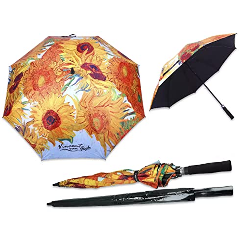Carmani - Regenschirm mit manuellem Öffnen und Schließen, langer Griff, gerader Stab, Regenschirm bedruckt mit Vincent van Gogh, Sonnenblumen